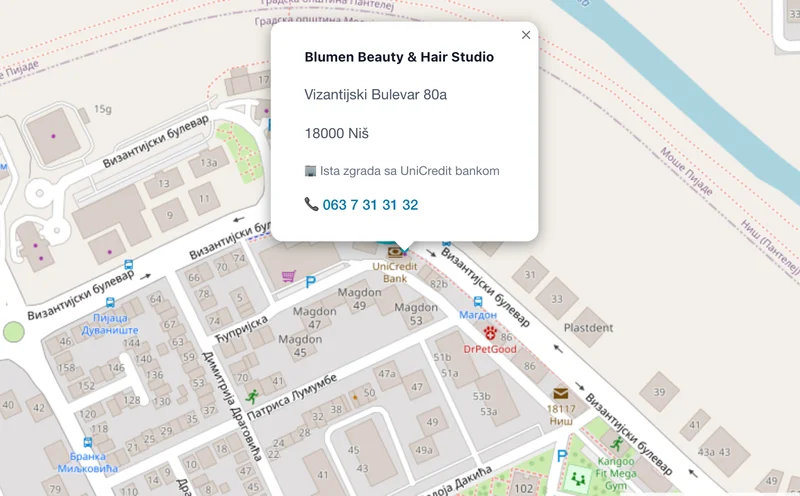 Mapa lokacije Blumen Beauty & Hair Studio - Vizantijski Bulevar 80a, Niš, pored UniCredit banke